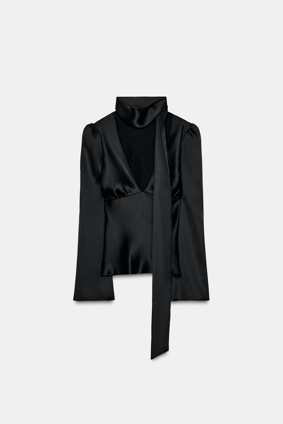 자라 새틴 브이넥 스카프 긴팔 셔츠 블랙 3067/184 BLACK - 메인 이미지