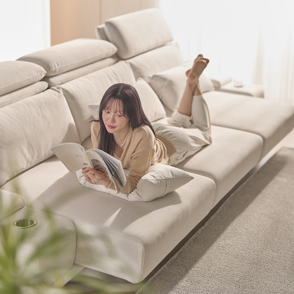 미엘라 슬라이드 모션 아쿠아텍스 쇼파 무빙 확장 패브릭 소파 sk 크림그레이, 4인용