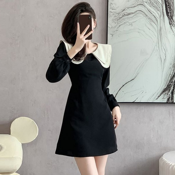 슬림핏 빅 카라 원피스 긴 팔 미니 원피스 - 상품 이미지