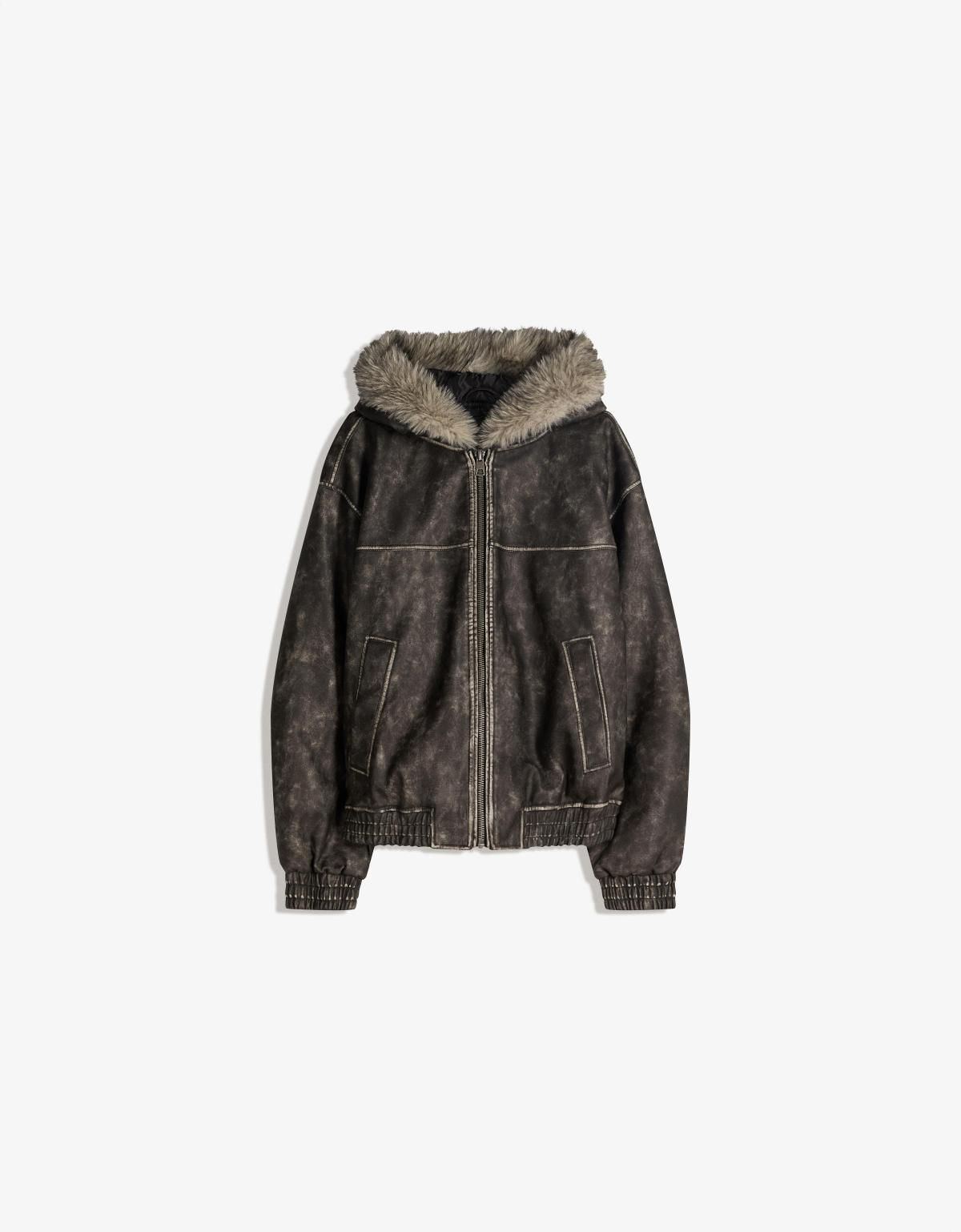 버쉬카 빈티지 무스탕 페이크 레더 후드 재킷 6800/677 BLACK - 상품 이미지