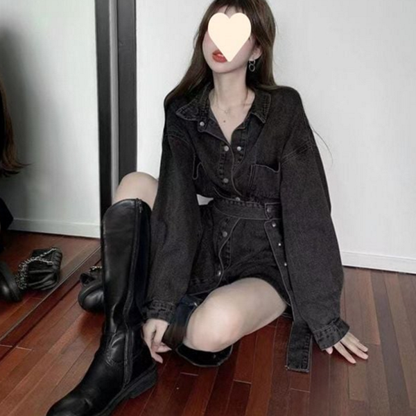 셔츠형 여성 데님 원피스 벨티드 벨트 데님 원피스 캐주얼 - 상품 이미지