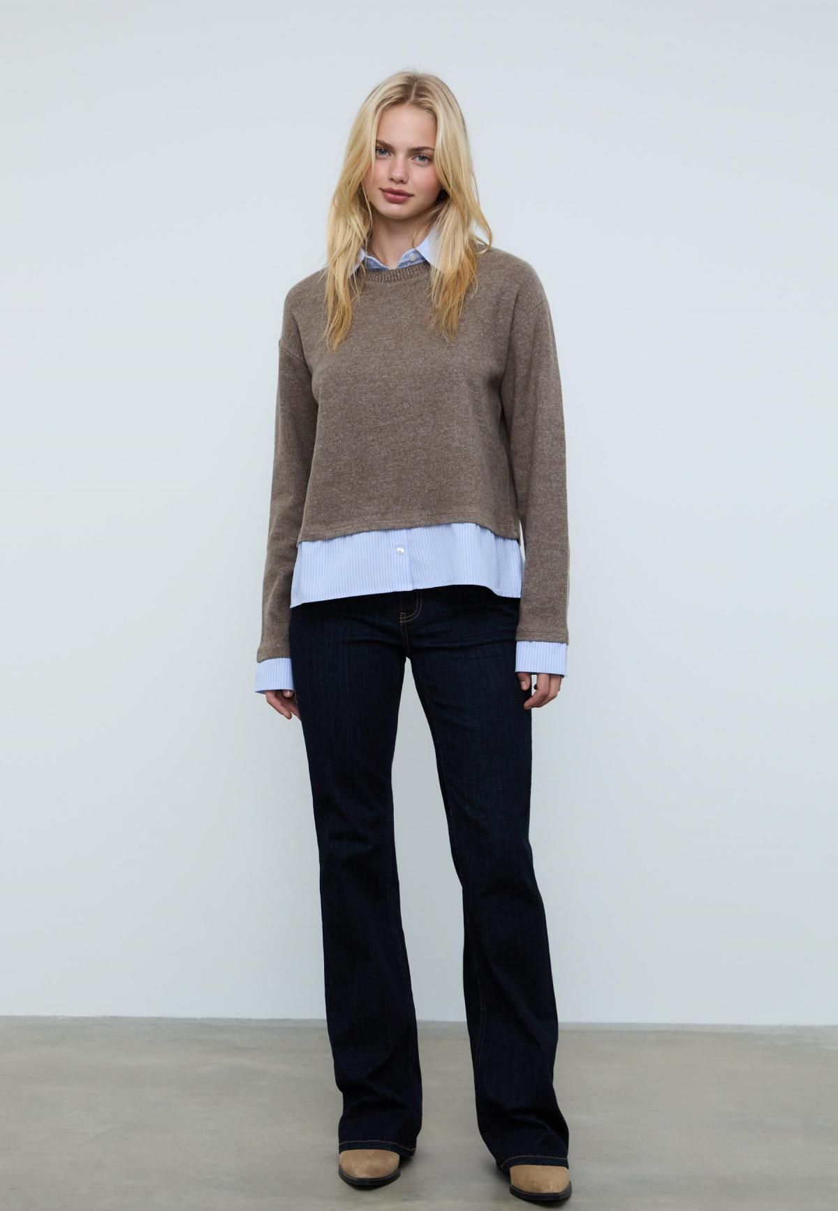 스트라디바리우스 레이어드 배색 니트 셔츠 티셔츠 6709/428 BROWN 이미지 7