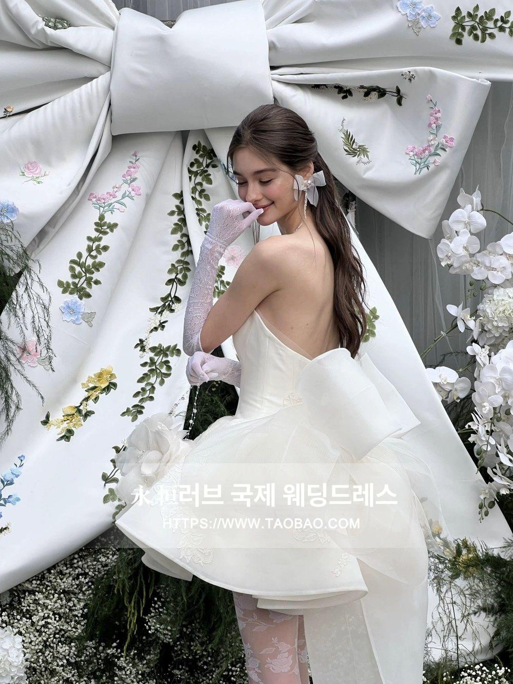 셀프 웨딩 드레스 리본 신혼여행 스냅 촬영 신부 이브닝 오프화이트 스트랩 스타일 S - 상세 이미지 4