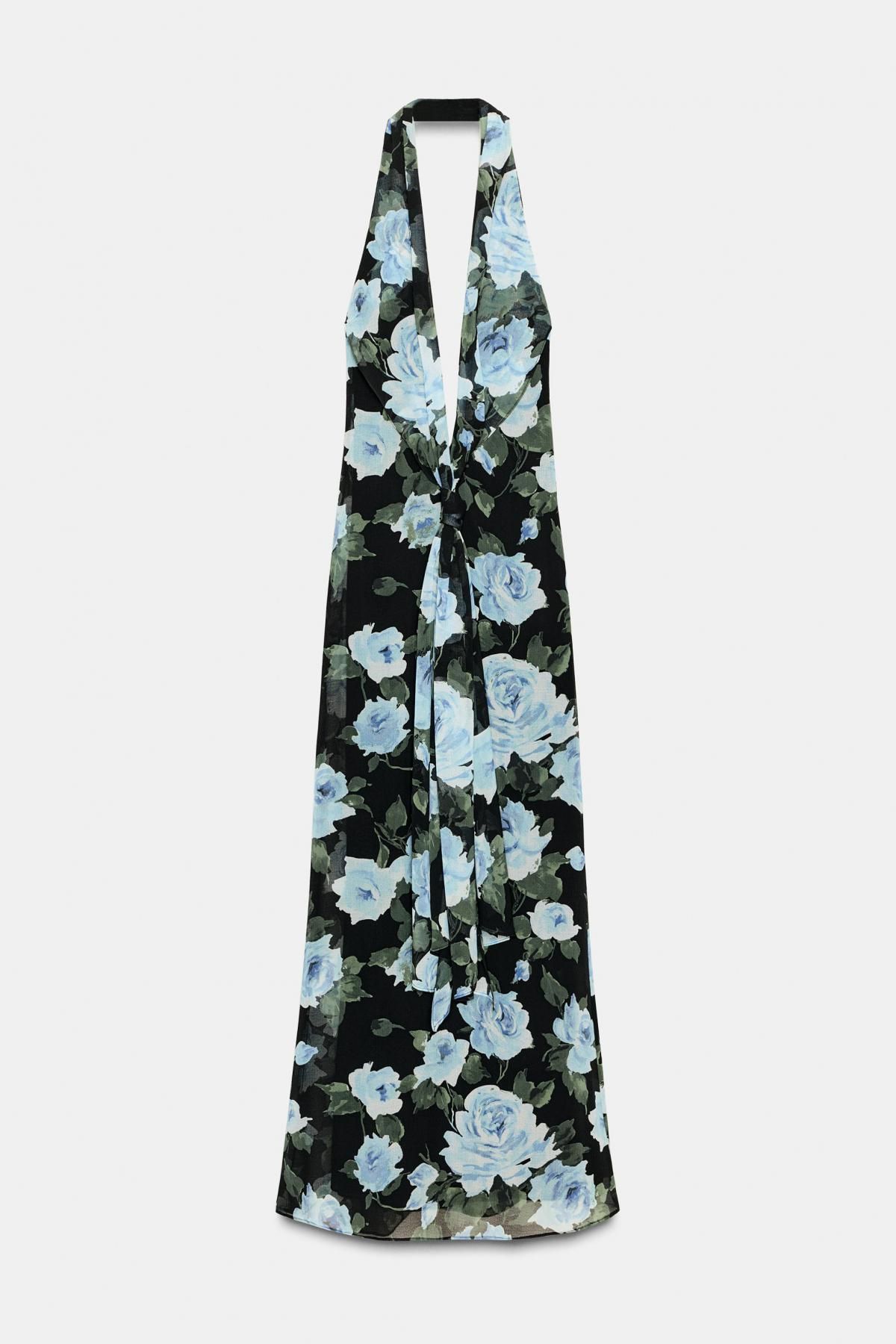 자라 플로럴 홀터넥 브이넥 매듭 롱 원피스 8030/363 BLUE/BLACK - 상품 이미지