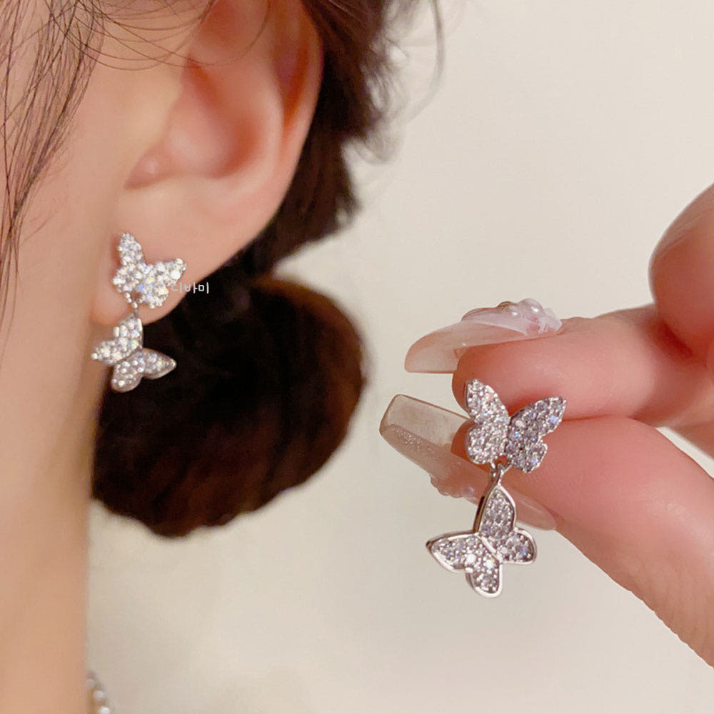 S925 더블 나비 귀걸이 큐빅 은침 14K 이어링 봄 악세사리 이미지 6