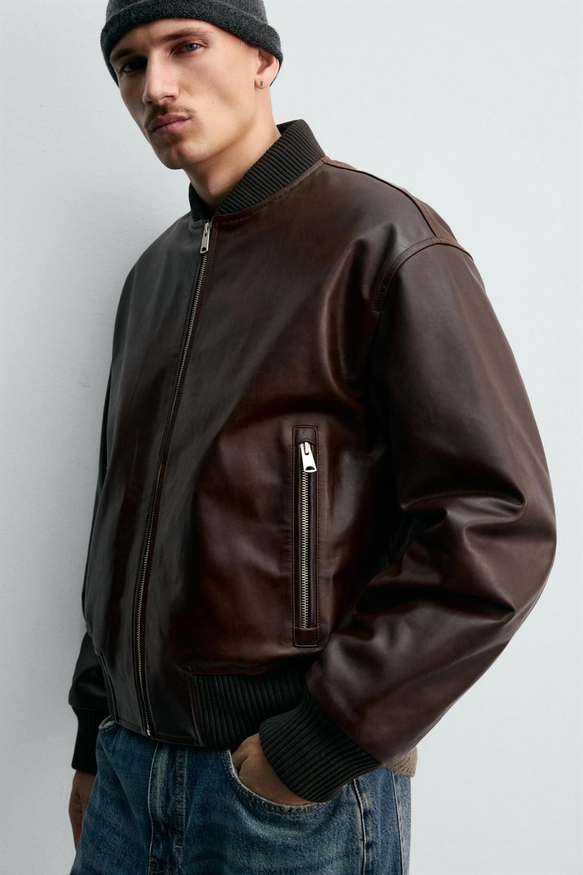 자라 빈티지 왁스드 레더 블루종 봄버 재킷 2521/223 DARK BROWN 이미지 6