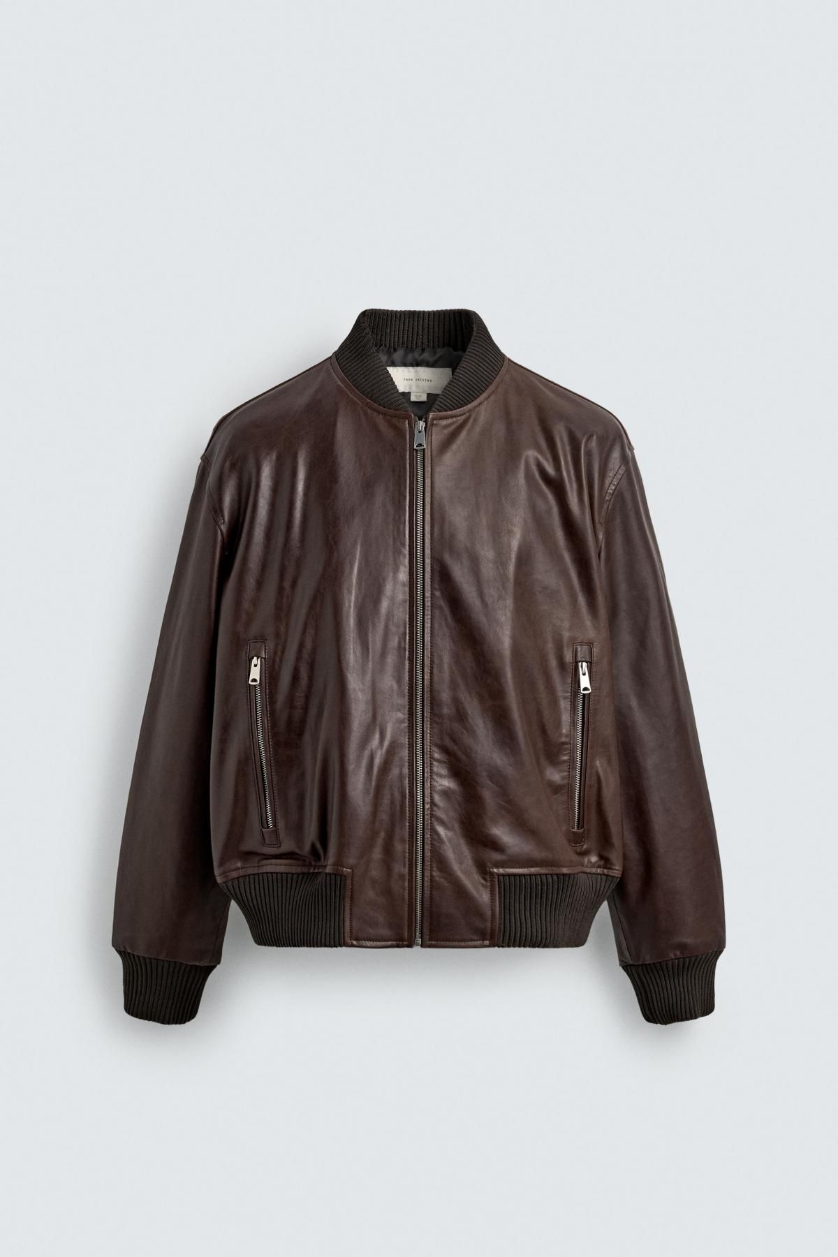 자라 빈티지 왁스드 레더 블루종 봄버 재킷 2521/223 DARK BROWN - 상품 이미지