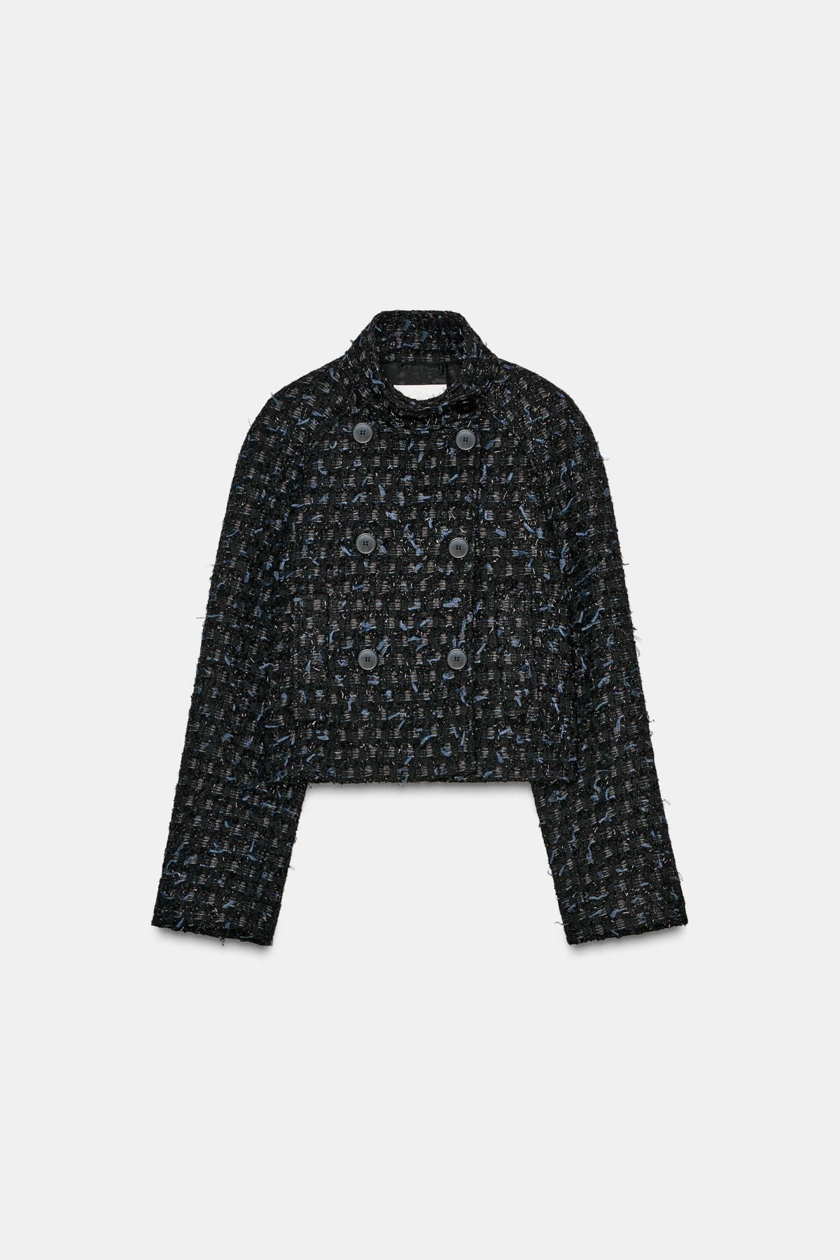 자라 메탈릭 트위드 텍스처 크롭 재킷 9748/607 NAVY BLUE - 상품 이미지