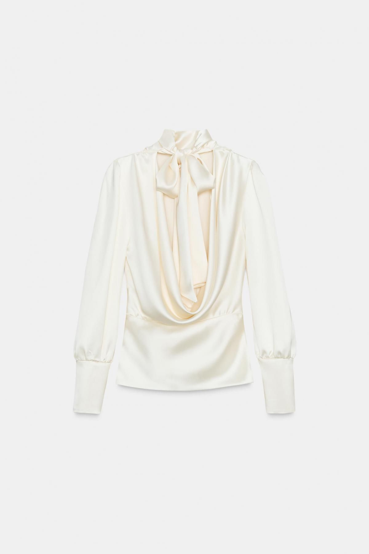 자라 럭셔리 새틴 하이넥 리본 백 블라우스 4661/185 OYSTER-WHITE 이미지 8