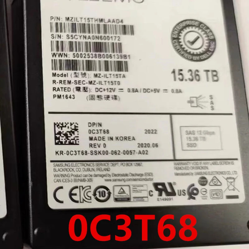 C3T68 0C3T68DELL 15.36TB 2.5 SAS SSD거새 솔리드 스테이트 드라이브