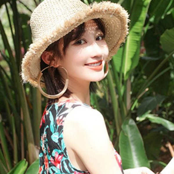 와이드챙 밀짚 모자 데일리 벙거지 모자 여름 휴양지 - 메인 이미지