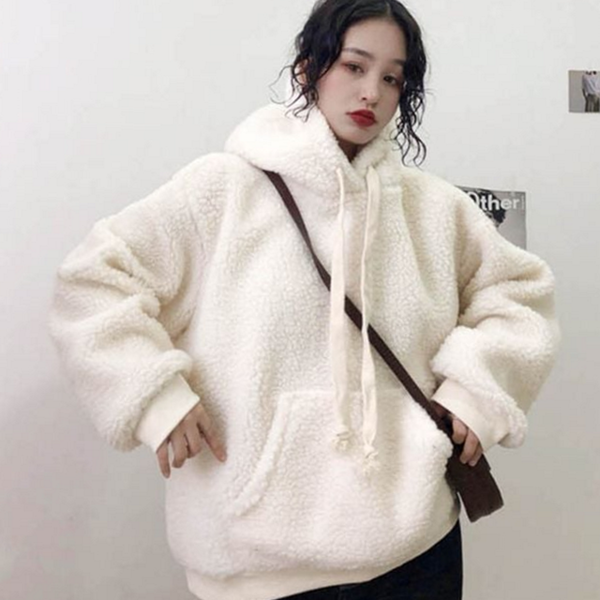 루즈핏 여성 양털 후드 티 뽀글이 기모 후드 티 - 상품 이미지
