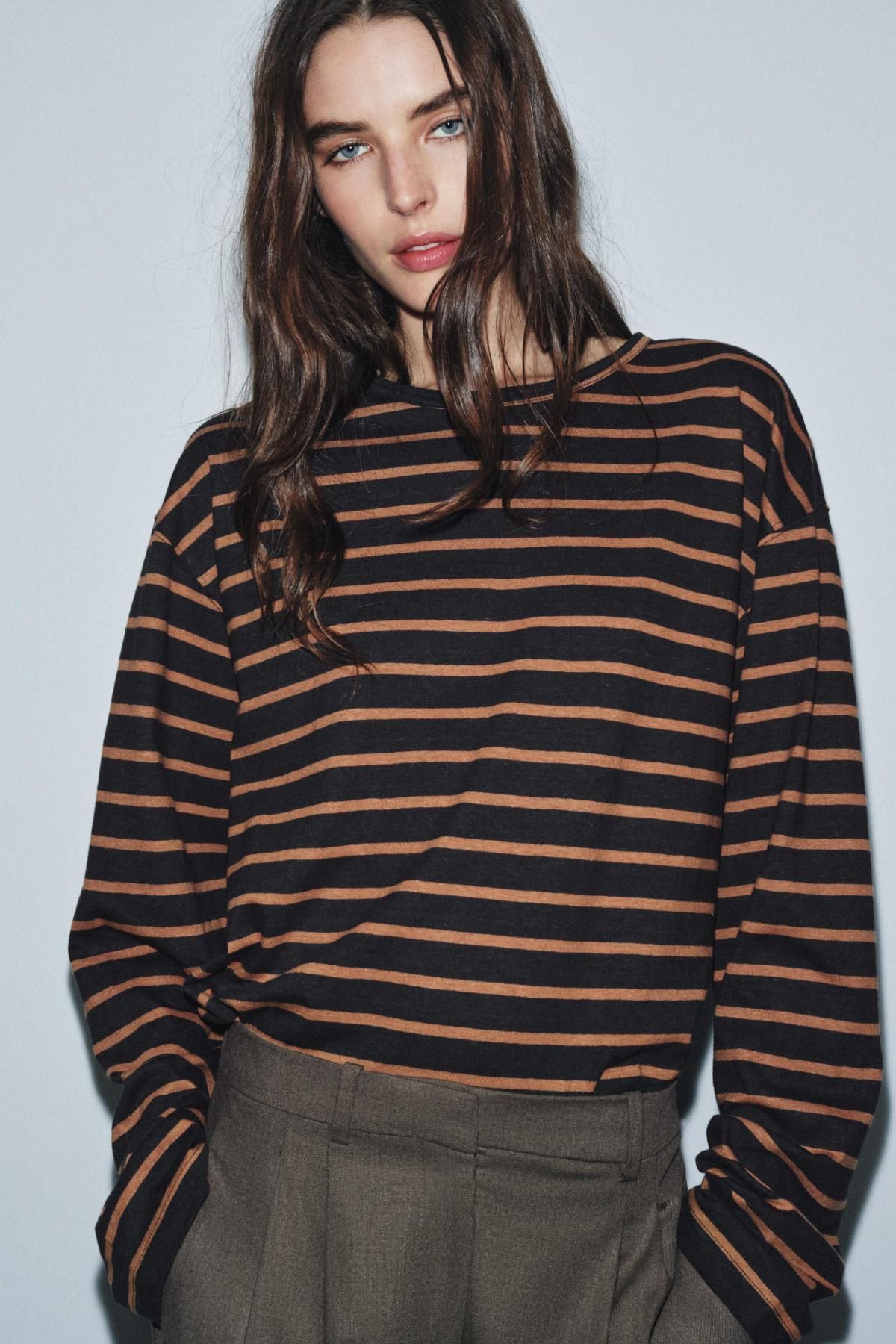 자라 스트라이프 릴렉스핏 린넨 혼방 긴팔 티셔츠 3253/710 STRIPED - 상세 이미지 2