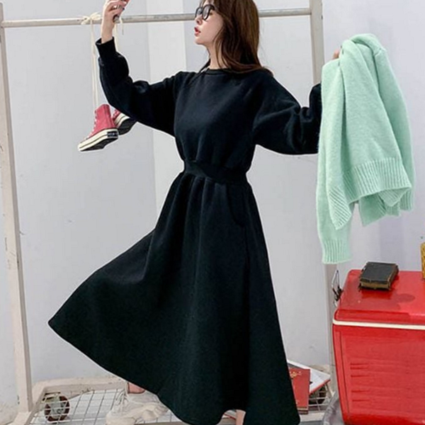 데일리 여성 밴딩 원피스 라운드 여성 플레어 원피스 기본 - 상품 이미지