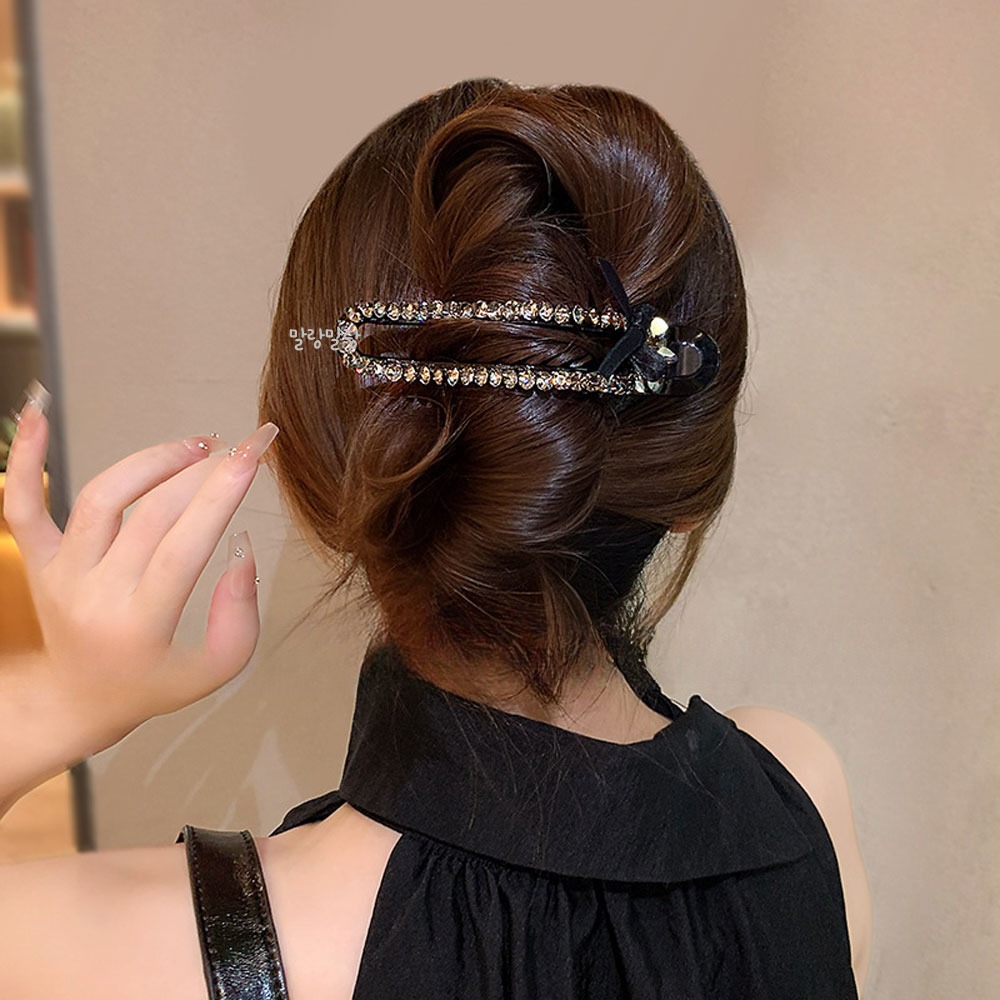 블랙 리본 큐빅 악어집게핀 럭셔리 올림머리헤어핀 - 상세 이미지 2