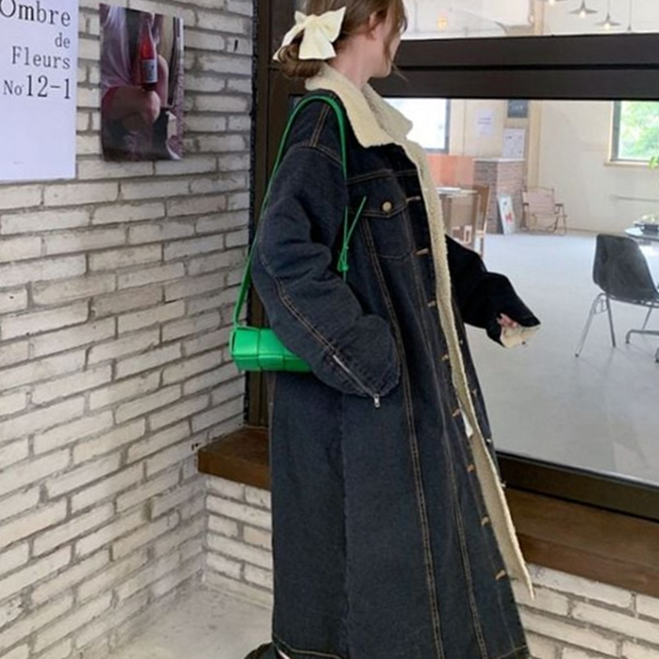 겨울 여성 롱 데님 재킷 퍼롱 양털 데님 재킷 - 상품 이미지