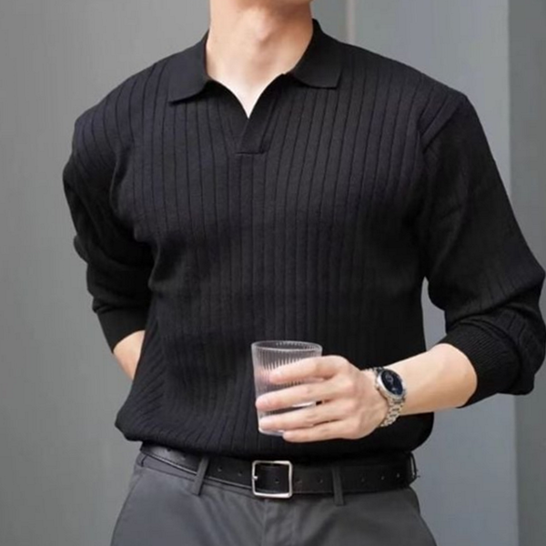 오픈카라 남성 골지 티셔츠 댄디 남성 긴 팔 티셔츠 - 상품 이미지
