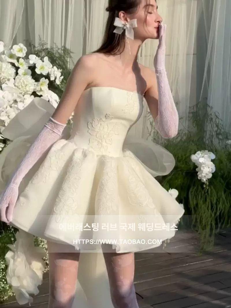 셀프 웨딩 드레스 리본 신혼여행 스냅 촬영 신부 이브닝 오프화이트 스트랩 스타일 S - 상세 이미지 3