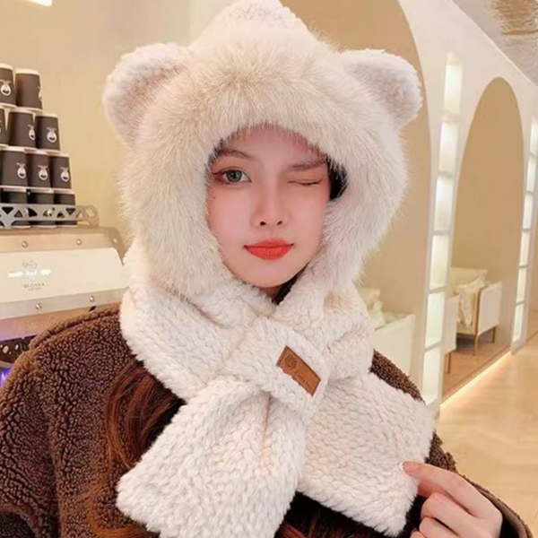 곰돌이 후드 머플러 따뜻한 일체형 목도리 모자 - 상품 이미지