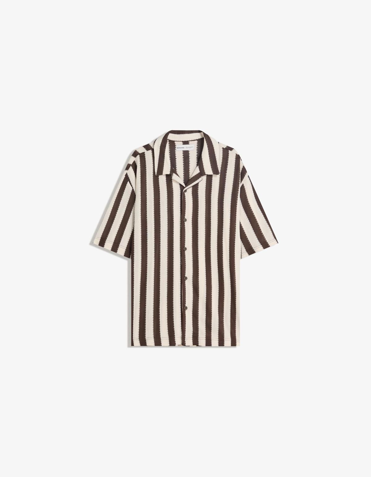 버쉬카 루스틱 스트라이프 오픈카라 반팔 셔츠 6388/218 BROWN - 상품 이미지