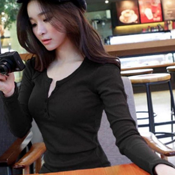 슬림 여성 골지 티셔츠 라운드 여자 골지 티셔츠 기본 - 상품 이미지