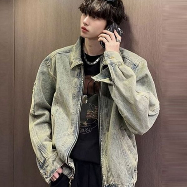 루즈핏 남자 청 자켓 빈티지 남성 청 자켓 워싱 - 상품 이미지