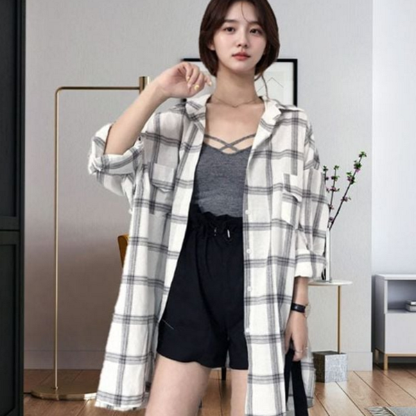 루즈핏 여성 체크 셔츠 박시핏 여성 롱 셔츠 봄가을 - 메인 이미지