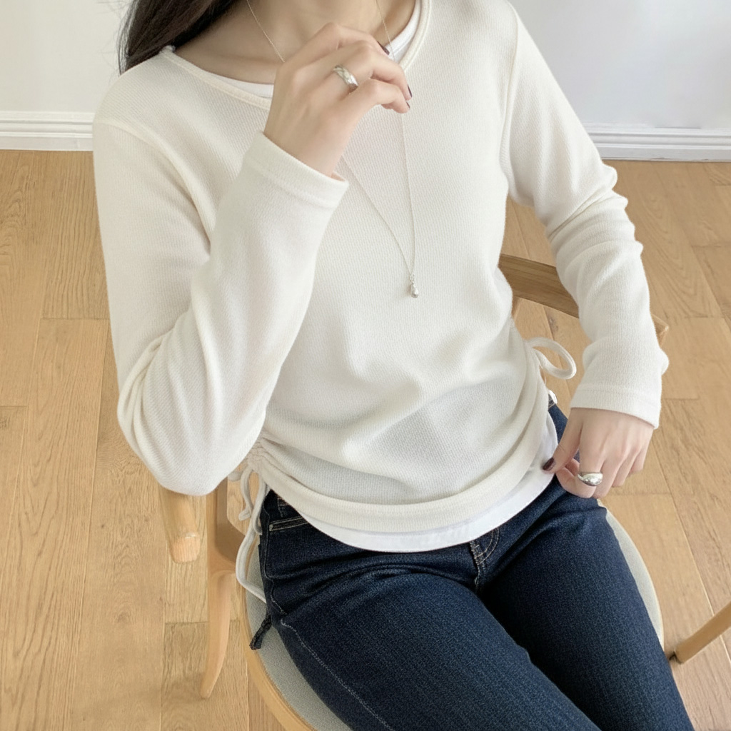 이중레이어드티 겨울이중레이어드 옆셔링스트링 차콜배색티 - 상세 이미지 2