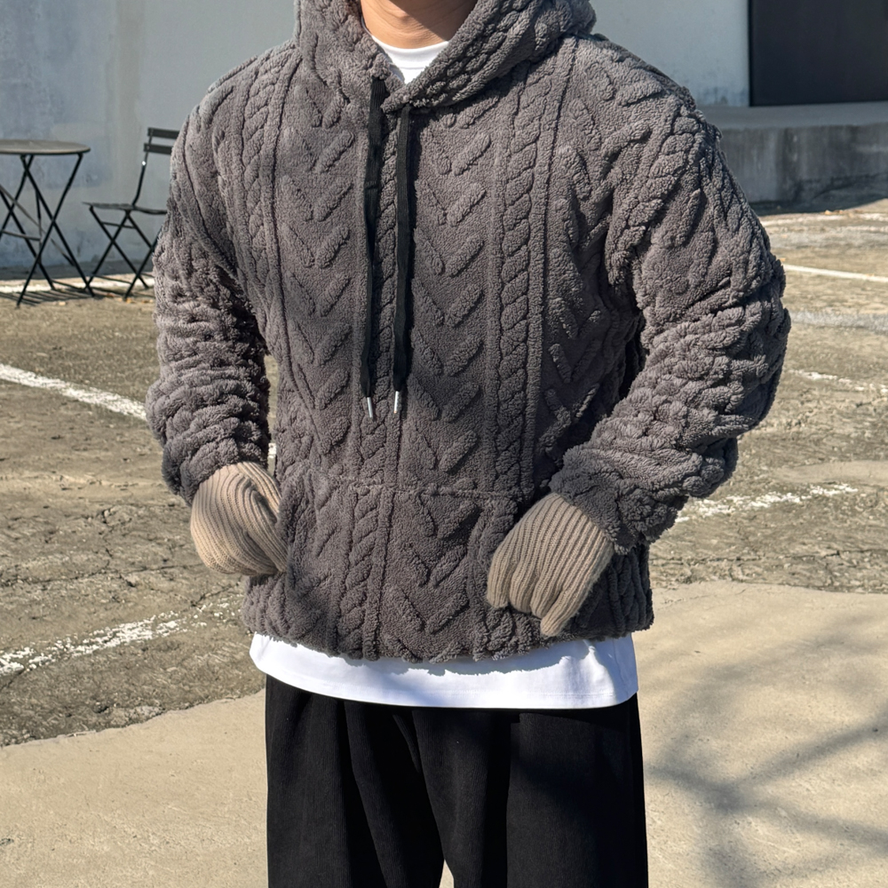 양털 기모 오버핏 꽈배기 후드티 - 상품 이미지