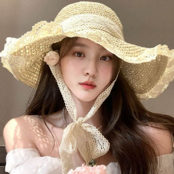 와이드챙 여성 밀짚 모자 플로피 여성 바캉스 모자 레이스 - 상품 이미지