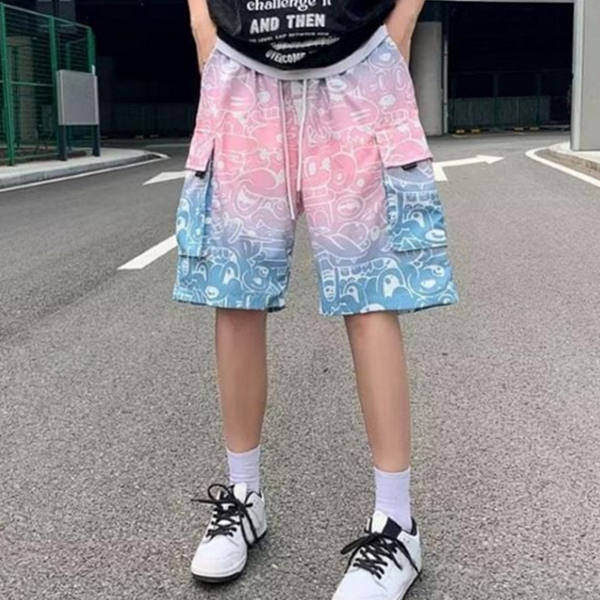 루즈핏 남자 반바지 오버핏 남성 그라데이션 반바지 밴딩 - 상품 이미지