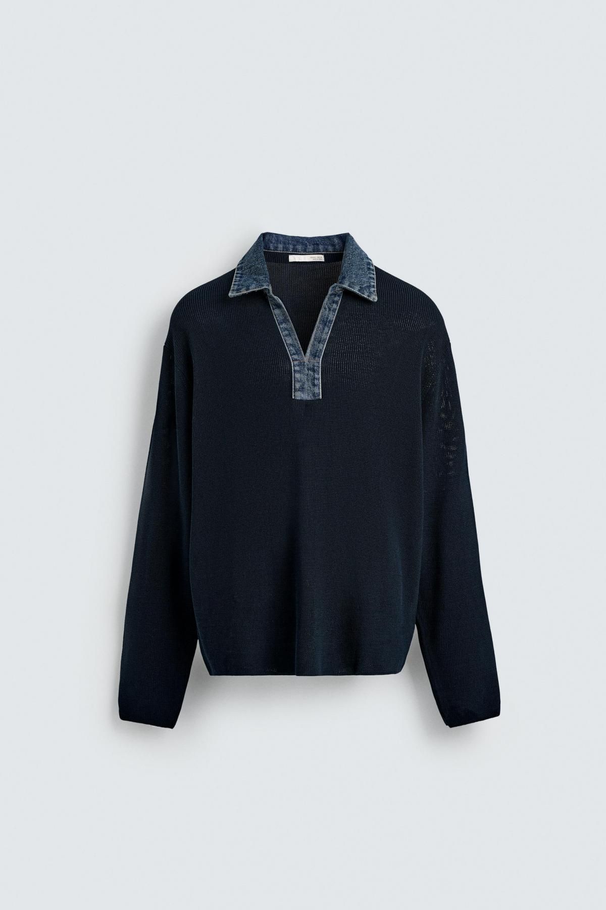 자라 데님카라 콤비 테크니컬 니트 긴팔 폴로셔츠 6674/325 NAVY BLUE - 상품 이미지