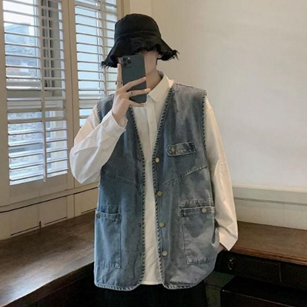 데일리 남성 데님 조끼 캐주얼 남성 청조끼 오버핏 - 상품 이미지