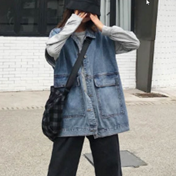 루즈핏 여성 데님 조끼 레이어드 여성 데님 베스트 청조끼 - 상품 이미지