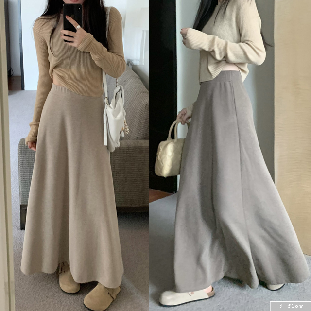 르브로 밴딩 A라인 맥시 니트 롱스커트 4col 가을 겨울 플레어 데일리 코튼 제이플로우 - 상세 이미지 2