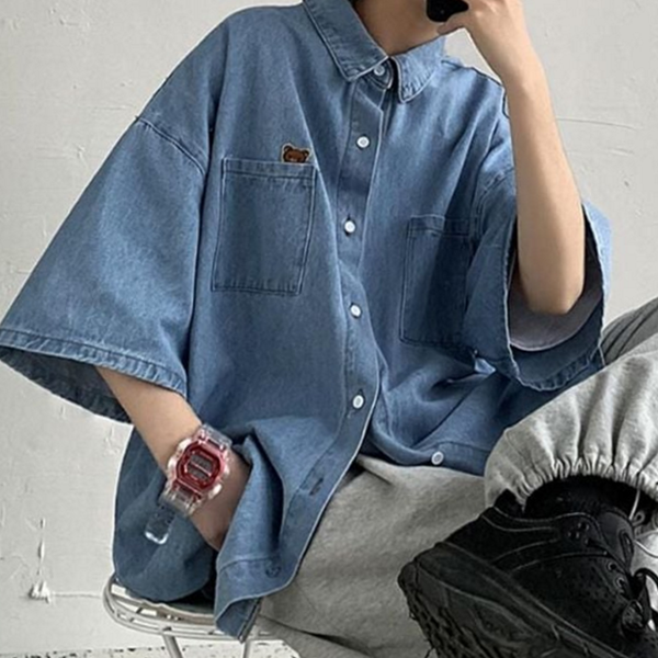캐주얼 남자 데님 셔츠 빅사이즈 남성 데님 셔츠 곰돌이 - 상품 이미지