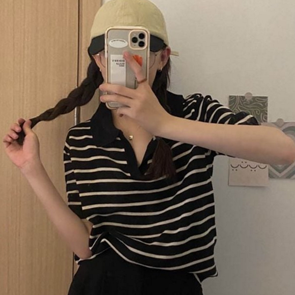 캐주얼 스트라이프 반팔 티셔츠 여자 카라 브이넥 티셔츠 - 상품 이미지