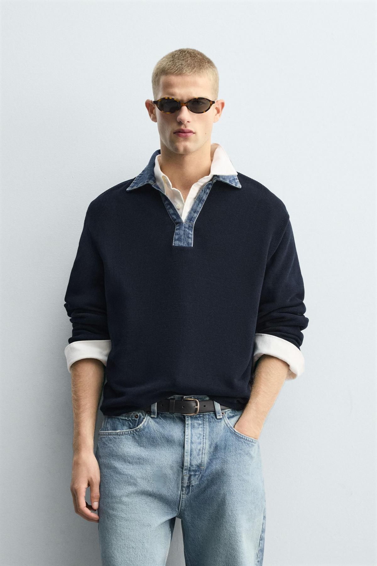 자라 데님카라 콤비 테크니컬 니트 긴팔 폴로셔츠 6674/325 NAVY BLUE - 상세 이미지 3