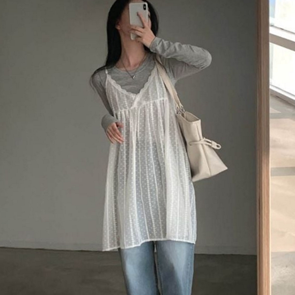 러블리 여성 시스루 원피스 레이어드 여성 나시 원피스 캐미솔 - 상품 이미지