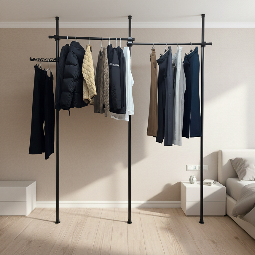 힘센업행거 행거 봉 시스템 3m7cm까지 BLACK 2칸2가로봉