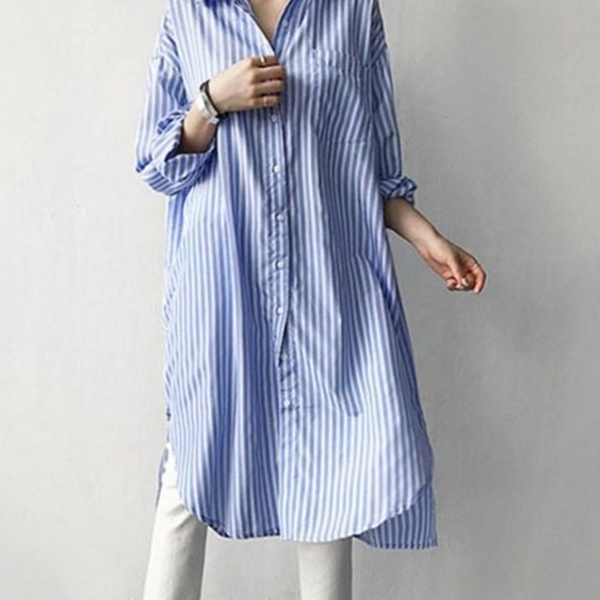 루즈핏 여성 롱 셔츠 데일리 여성 스트라이프 셔츠 여름 - 상품 이미지