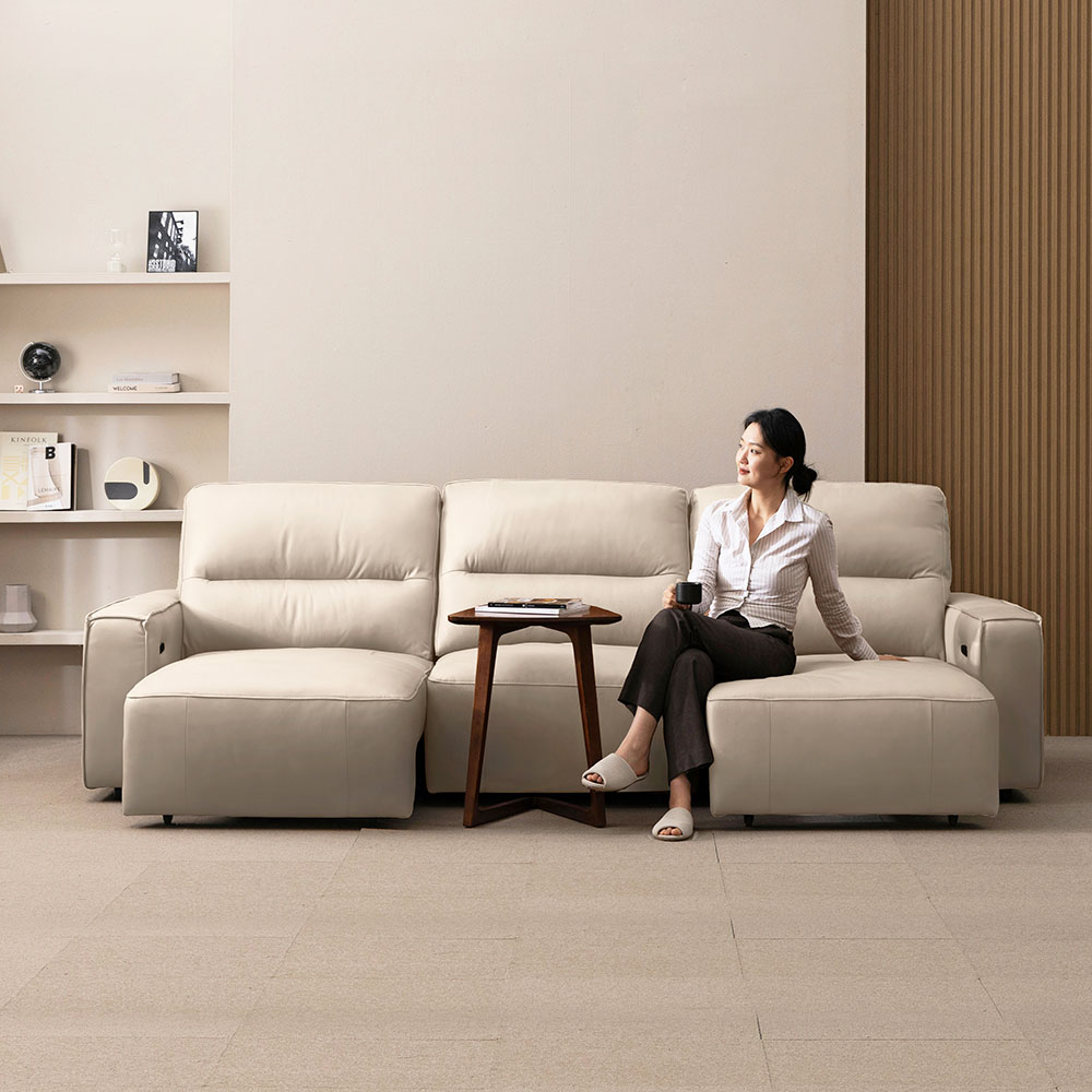 [NEW COLOR] 헤르짐머 메이븐 전동 리클라이너 슬라이드 모션 베드 천연 가죽 소파 스툴미포함, 아이보리, 4인용