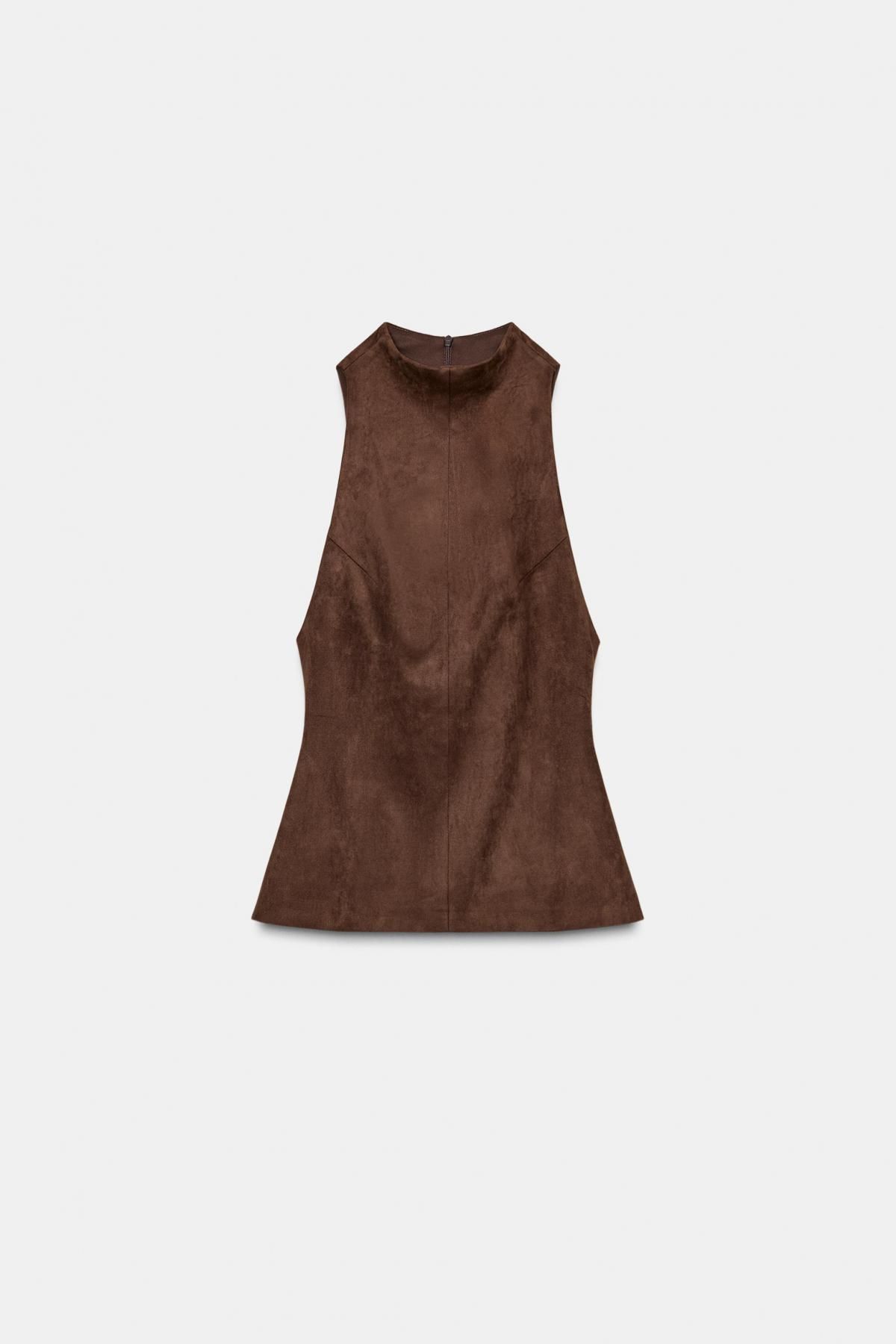 자라 페이크 스웨이드 하이넥 민소매 탑 8987/051 DARK BROWN - 상품 이미지