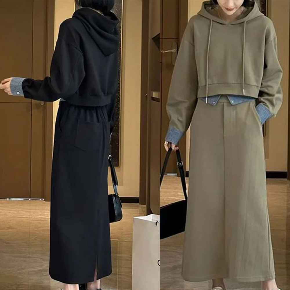 여성 레이어드 투피스세트 캐주얼 여자 크롭 후드티 롱치마 - 상품 이미지