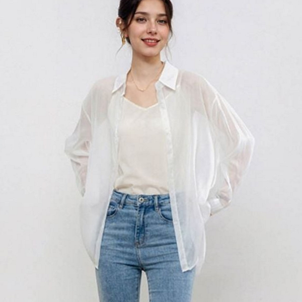 하늘하늘 여성 시스루 셔츠 루즈핏 여성 오버핏 셔츠 여름 - 상품 이미지