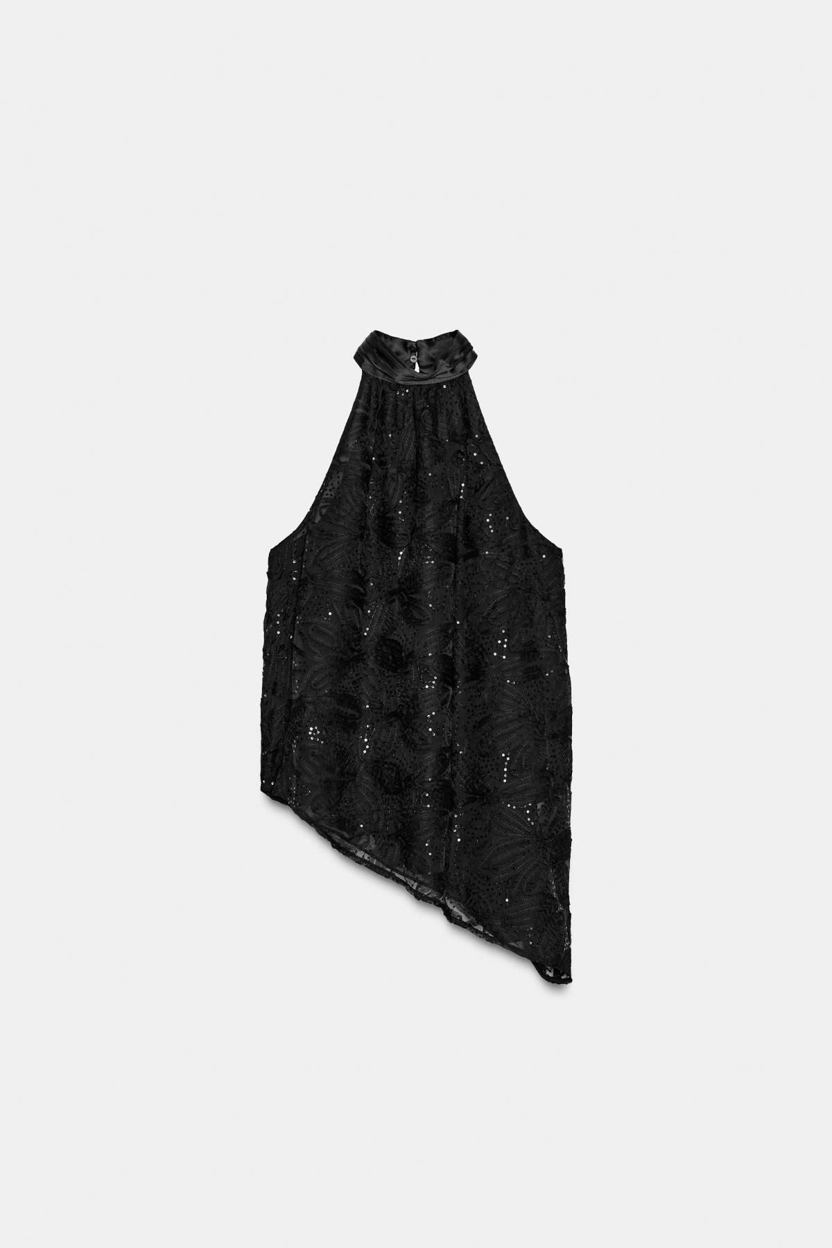자라 글리터 시퀸 비즈 비대칭 홀터넥 탑 9709/636 BLACK - 상품 이미지