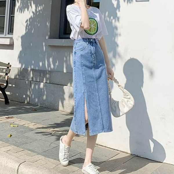 데일리 여성 데님 스커트 앞트임 여자 롱 스커트 - 상품 이미지