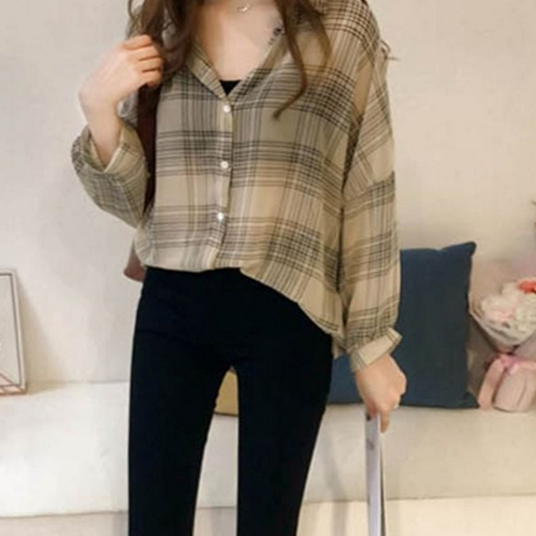 루즈핏 체크 셔츠 블라우스 데일리 여성 체크 셔츠 오버핏 - 메인 이미지