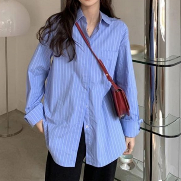 루즈핏 여성 스트라이프 셔츠 캐주얼 여성 오버핏 셔츠 데일리 - 상품 이미지