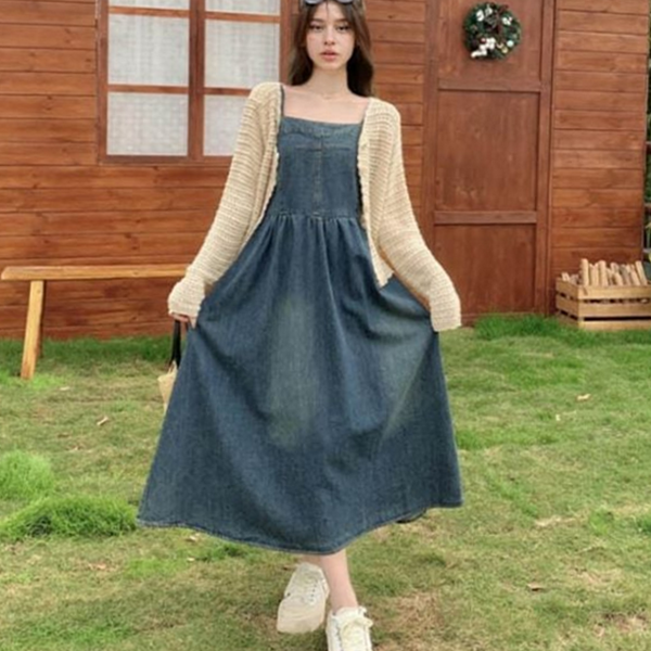 데일리 여성 데님 원피스 스모크 여성 롱 원피스 뷔스티에 - 상품 이미지